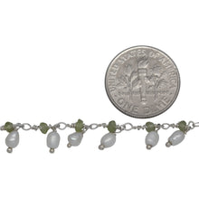 Load image into Gallery viewer, Brass Silver Plated 3.55mm Width by 2.50mm Length Natural Hand Cut Peridot Stone, With One of 3.10mm Width by 3.95mm Length Rice Pearl Hanging off the Chain, Gem Stone Chain. Price per: 1 Inch.
