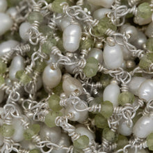 Load image into Gallery viewer, Brass Silver Plated 3.55mm Width by 2.50mm Length Natural Hand Cut Peridot Stone, With One of 3.10mm Width by 3.95mm Length Rice Pearl Hanging off the Chain, Gem Stone Chain. Price per: 1 Inch.
