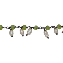 Load image into Gallery viewer, Chain by Foot. Brass Oxidized 3.55mm Width by 2.50mm Length Natural Hand Cut Peridot Stone, With One of 3.10mm Width by 3.95mm Length Rice Pearl Hanging off the Chain, Gem Stone Chain. Price per: 1 Inch.
