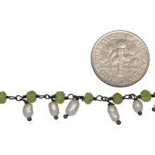 Load image into Gallery viewer, Brass Oxidized 3.55mm Width by 2.50mm Length Natural Hand Cut Peridot Stone, With One of 3.10mm Width by 3.95mm Length Rice Pearl Hanging off the Chain, Gem Stone Chain. Price per: 1 Inch.
