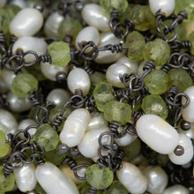 Load image into Gallery viewer, Brass Oxidized 3.55mm Width by 2.50mm Length Natural Hand Cut Peridot Stone, With One of 3.10mm Width by 3.95mm Length Rice Pearl Hanging off the Chain, Gem Stone Chain. Price per: 1 Inch.
