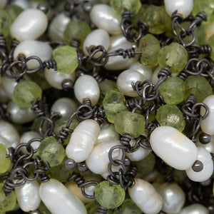 Brass Oxidized 3.55mm Width by 2.50mm Length Natural Hand Cut Peridot Stone, With One of 3.10mm Width by 3.95mm Length Rice Pearl Hanging off the Chain, Gem Stone Chain. Price per: 1 Inch.