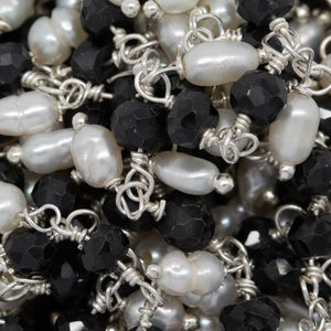 Brass Silver Plated 3.68mm Width by 2.72mm Length Natural Hand Cut Black Spinel Stone, With One of 2.50mm Width by 3.80mm Length Rice Pearl Hanging off the Chain, Gem Stone Chain. Price per: 1 Inch.