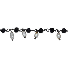 Load image into Gallery viewer, Chain by Foot. Brass Oxidized 3.68mm Width by 2.72mm Length Natural Hand Cut Black Spinel Stone, With One of 2.50mm Width by 3.80mm Length Rice Pearl Hanging off the Chain, Gem Stone Chain. Price per: 1 Inch.
