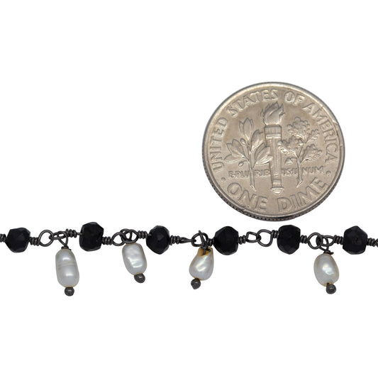 Brass Oxidized 3.68mm Width by 2.72mm Length Natural Hand Cut Black Spinel Stone, With One of 2.50mm Width by 3.80mm Length Rice Pearl Hanging off the Chain, Gem Stone Chain. Price per: 1 Inch.
