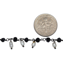 Load image into Gallery viewer, Brass Oxidized 3.68mm Width by 2.72mm Length Natural Hand Cut Black Spinel Stone, With One of 2.50mm Width by 3.80mm Length Rice Pearl Hanging off the Chain, Gem Stone Chain. Price per: 1 Inch.
