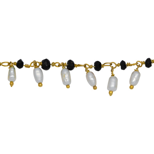 Chain by Foot. Brass Gold Plated 3.68mm Width by 2.72mm Length Natural Hand Cut Black Spinel Stone, With One of 2.50mm Width by 3.80mm Length Rice Pearl Hanging off the Chain, Gem Stone Chain. Price per: 1 Inch.