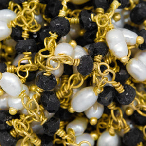 Brass Gold Plated 3.68mm Width by 2.72mm Length Natural Hand Cut Black Spinel Stone, With One of 2.50mm Width by 3.80mm Length Rice Pearl Hanging off the Chain, Gem Stone Chain. Price per: 1 Inch.