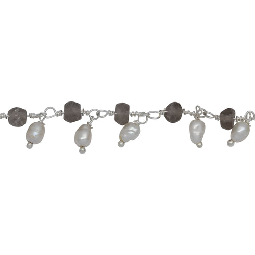 Chain by Foot. Brass Silver Plated 3.73mm Width by 2.85mm Length Natural Hand Cut Smoky Topaz Stone, With One of 3.13mm Width by 3.88mm Length Rice Pearl Hanging off the Chain, Gem Stone Chain. Price per: 1 Inch.