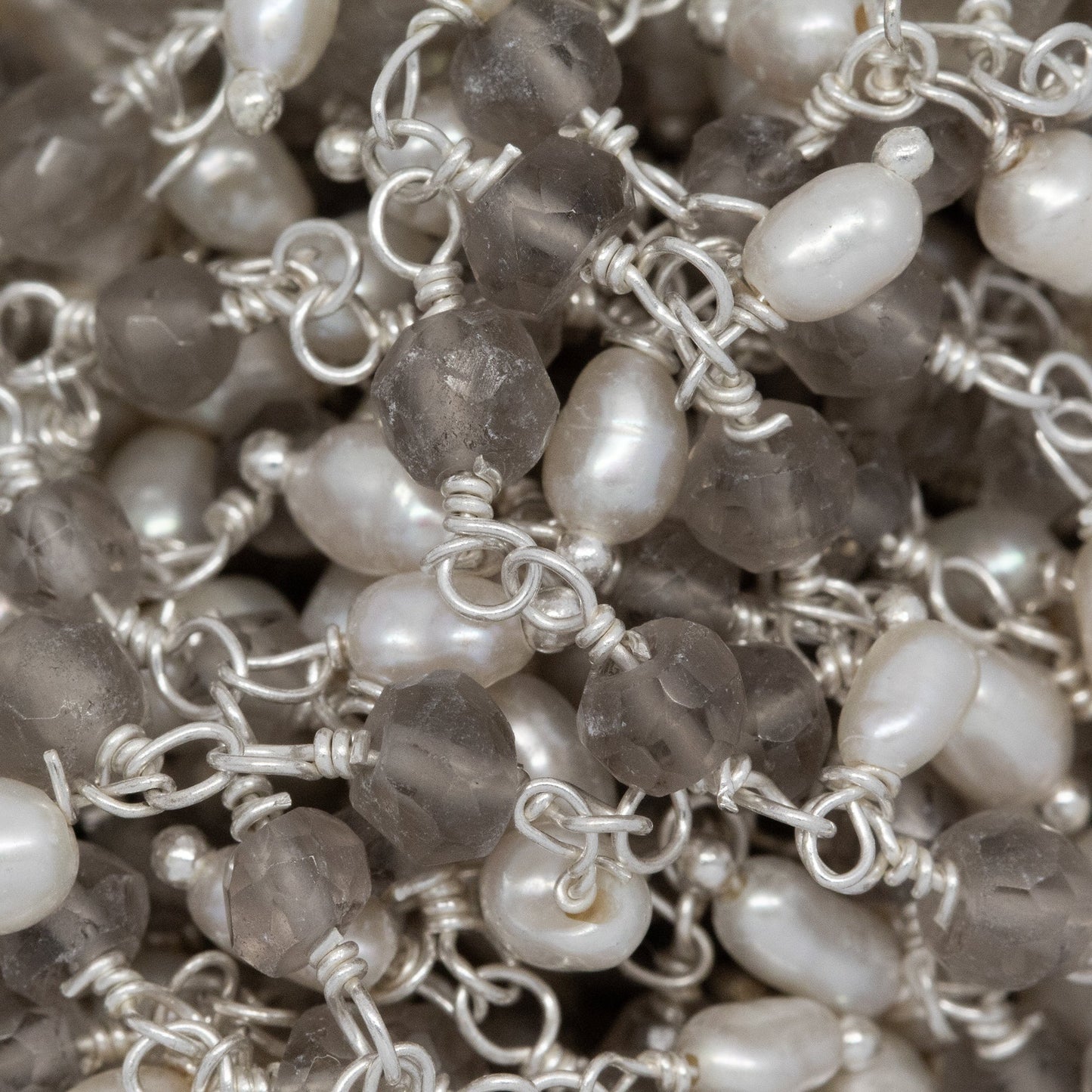 Brass Silver Plated 3.73mm Width by 2.85mm Length Natural Hand Cut Smoky Topaz Stone, With One of 3.13mm Width by 3.88mm Length Rice Pearl Hanging off the Chain, Gem Stone Chain. Price per: 1 Inch.