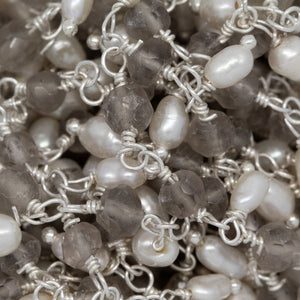 Brass Silver Plated 3.73mm Width by 2.85mm Length Natural Hand Cut Smoky Topaz Stone, With One of 3.13mm Width by 3.88mm Length Rice Pearl Hanging off the Chain, Gem Stone Chain. Price per: 1 Inch.