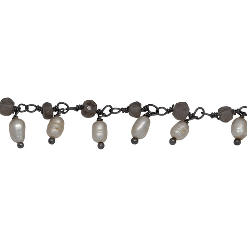 Chain by Foot. Brass Oxidized 3.73mm Width by 2.85mm Length Natural Hand Cut Smoky Topaz Stone, With One of 3.13mm Width by 3.88mm Length Rice Pearl Hanging off the Chain, Gem Stone Chain. Price per: 1 Inch.