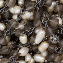 Load image into Gallery viewer, Brass Oxidized 3.73mm Width by 2.85mm Length Natural Hand Cut Smoky Topaz Stone, With One of 3.13mm Width by 3.88mm Length Rice Pearl Hanging off the Chain, Gem Stone Chain. Price per: 1 Inch.
