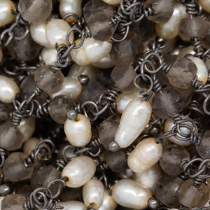 Brass Oxidized 3.73mm Width by 2.85mm Length Natural Hand Cut Smoky Topaz Stone, With One of 3.13mm Width by 3.88mm Length Rice Pearl Hanging off the Chain, Gem Stone Chain. Price per: 1 Inch.