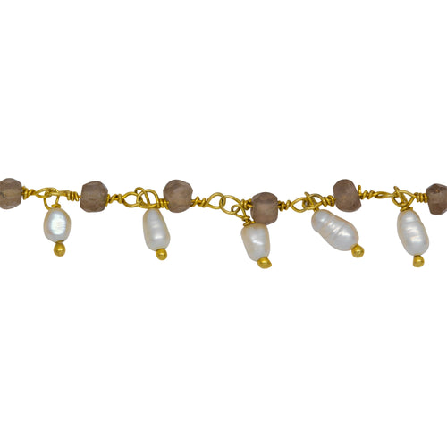 Chain by Foot. Brass Gold Plated 3.73mm Width by 2.85mm Length Natural Hand Cut Smoky Topaz Stone, With One of 3.13mm Width by 3.88mm Length Rice Pearl Hanging off the Chain, Gem Stone Chain. Price per: 1 Inch.