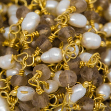 Load image into Gallery viewer, Brass Gold Plated 3.73mm Width by 2.85mm Length Natural Hand Cut Smoky Topaz Stone, With One of 3.13mm Width by 3.88mm Length Rice Pearl Hanging off the Chain, Gem Stone Chain. Price per: 1 Inch.
