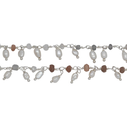 Chain by Foot. Brass Silver Plated 3.60mm Width by 2.80mm Length Natural Hand Cut Morse Moon Stone, With One of 3.10mm Width by 3.85mm Length Rice Pearl Hanging off the Chain, Gem Stone Chain. Price per: 1 Inch.