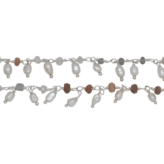 Chain by Foot. Brass Silver Plated 3.60mm Width by 2.80mm Length Natural Hand Cut Morse Moon Stone, With One of 3.10mm Width by 3.85mm Length Rice Pearl Hanging off the Chain, Gem Stone Chain. Price per: 1 Inch.