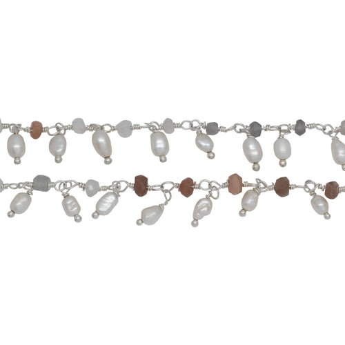 Chain by Foot. Brass Silver Plated 3.60mm Width by 2.80mm Length Natural Hand Cut Morse Moon Stone, With One of 3.10mm Width by 3.85mm Length Rice Pearl Hanging off the Chain, Gem Stone Chain. Price per: 1 Inch.