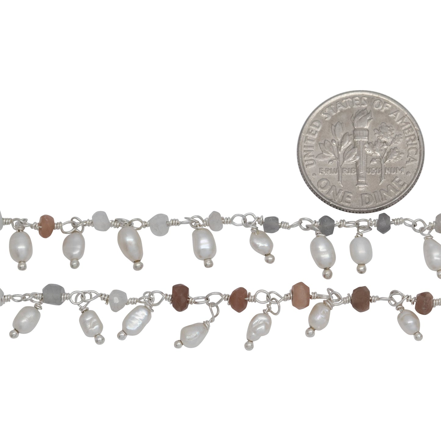 Brass Silver Plated 3.60mm Width by 2.80mm Length Natural Hand Cut Morse Moon Stone, With One of 3.10mm Width by 3.85mm Length Rice Pearl Hanging off the Chain, Gem Stone Chain. Price per: 1 Inch.