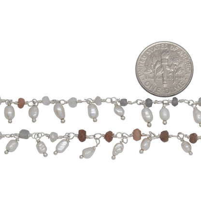 Brass Silver Plated 3.60mm Width by 2.80mm Length Natural Hand Cut Morse Moon Stone, With One of 3.10mm Width by 3.85mm Length Rice Pearl Hanging off the Chain, Gem Stone Chain. Price per: 1 Inch.