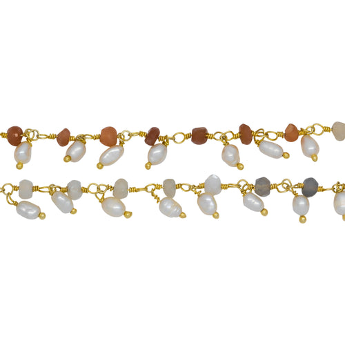 Chain by Foot. Brass Gold Plated 3.60mm Width by 2.80mm Length Natural Hand Cut Morse Moon Stone, With One of 3.10mm Width by 3.85mm Length Rice Pearl Hanging off the Chain, Gem Stone Chain. Price per: 1 Inch.