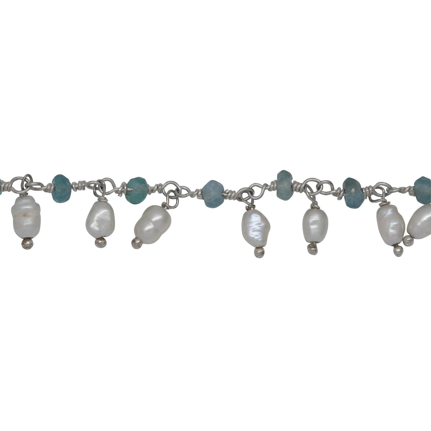 Chain by Foot. Brass Silver Plated 3.11mm Width by 2.40mm Length Natural Hand Cut Apatite Stone, With One of 3.10mm Width by 3.85mm Length Rice Pearl Hanging off the Chain, Gem Stone Chain. Price per: 1 Inch.