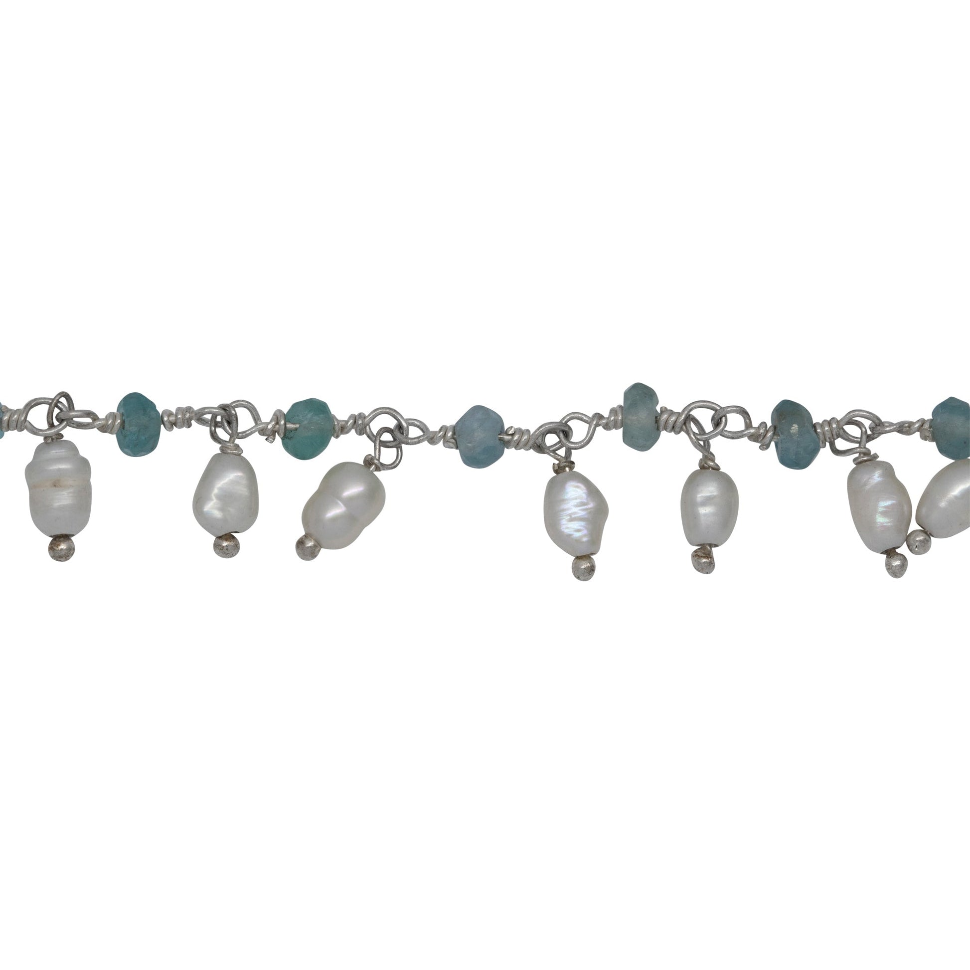 Chain by Foot. Brass Silver Plated 3.11mm Width by 2.40mm Length Natural Hand Cut Apatite Stone, With One of 3.10mm Width by 3.85mm Length Rice Pearl Hanging off the Chain, Gem Stone Chain. Price per: 1 Inch.