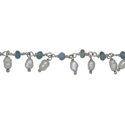 Chain by Foot. Brass Silver Plated 3.11mm Width by 2.40mm Length Natural Hand Cut Apatite Stone, With One of 3.10mm Width by 3.85mm Length Rice Pearl Hanging off the Chain, Gem Stone Chain. Price per: 1 Inch.
