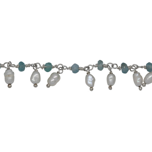 Chain by Foot. Brass Silver Plated 3.11mm Width by 2.40mm Length Natural Hand Cut Apatite Stone, With One of 3.10mm Width by 3.85mm Length Rice Pearl Hanging off the Chain, Gem Stone Chain. Price per: 1 Inch.