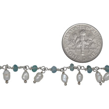 Load image into Gallery viewer, Brass Silver Plated 3.11mm Width by 2.40mm Length Natural Hand Cut Apatite Stone, With One of 3.10mm Width by 3.85mm Length Rice Pearl Hanging off the Chain, Gem Stone Chain. Price per: 1 Inch.
