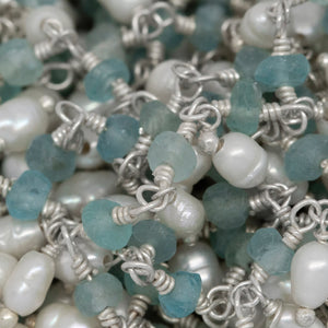 Brass Silver Plated 3.11mm Width by 2.40mm Length Natural Hand Cut Apatite Stone, With One of 3.10mm Width by 3.85mm Length Rice Pearl Hanging off the Chain, Gem Stone Chain. Price per: 1 Inch.