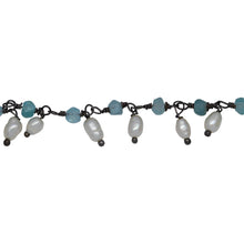 Load image into Gallery viewer, Chain by Foot. Brass Oxidized 3.11mm Width by 2.40mm Length Natural Hand Cut Apatite Stone, With One of 3.10mm Width by 3.85mm Length Rice Pearl Hanging off the Chain, Gem Stone Chain. Price per: 1 Inch.

