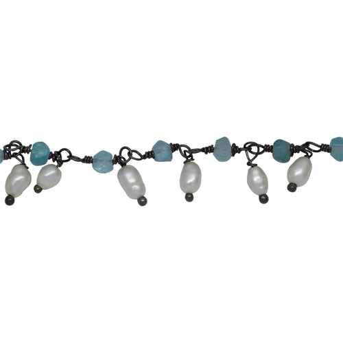 Chain by Foot. Brass Oxidized 3.11mm Width by 2.40mm Length Natural Hand Cut Apatite Stone, With One of 3.10mm Width by 3.85mm Length Rice Pearl Hanging off the Chain, Gem Stone Chain. Price per: 1 Inch.