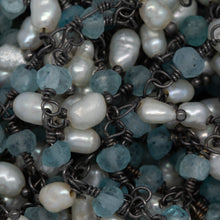 Load image into Gallery viewer, Brass Oxidized 3.11mm Width by 2.40mm Length Natural Hand Cut Apatite Stone, With One of 3.10mm Width by 3.85mm Length Rice Pearl Hanging off the Chain, Gem Stone Chain. Price per: 1 Inch.
