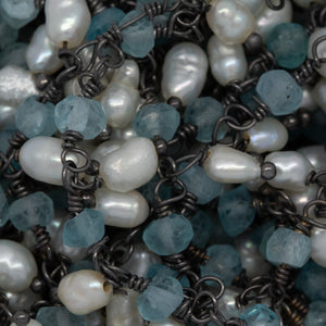 Brass Oxidized 3.11mm Width by 2.40mm Length Natural Hand Cut Apatite Stone, With One of 3.10mm Width by 3.85mm Length Rice Pearl Hanging off the Chain, Gem Stone Chain. Price per: 1 Inch.