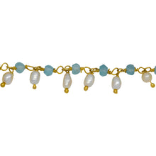 Load image into Gallery viewer, Chain by Foot. Brass Gold Plated 3.11mm Width by 2.40mm Length Natural Hand Cut Apatite Stone, With One of 3.10mm Width by 3.85mm Length Rice Pearl Hanging off the Chain, Gem Stone Chain. Price per: 1 Inch.
