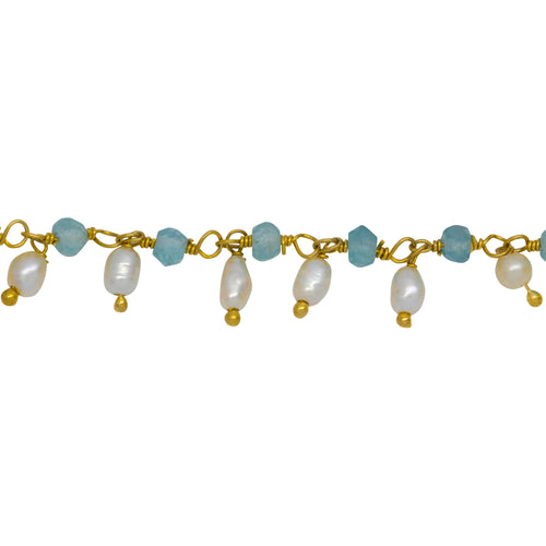 Chain by Foot. Brass Gold Plated 3.11mm Width by 2.40mm Length Natural Hand Cut Apatite Stone, With One of 3.10mm Width by 3.85mm Length Rice Pearl Hanging off the Chain, Gem Stone Chain. Price per: 1 Inch.
