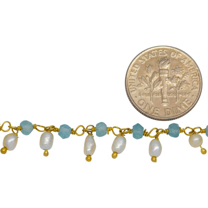 Brass Gold Plated 3.11mm Width by 2.40mm Length Natural Hand Cut Apatite Stone, With One of 3.10mm Width by 3.85mm Length Rice Pearl Hanging off the Chain, Gem Stone Chain. Price per: 1 Inch.