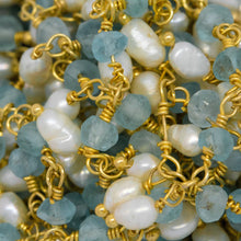 Load image into Gallery viewer, Brass Gold Plated 3.11mm Width by 2.40mm Length Natural Hand Cut Apatite Stone, With One of 3.10mm Width by 3.85mm Length Rice Pearl Hanging off the Chain, Gem Stone Chain. Price per: 1 Inch.
