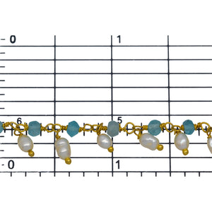 Brass Gold Plated 3.11mm Width by 2.40mm Length Natural Hand Cut Apatite Stone, With One of 3.10mm Width by 3.85mm Length Rice Pearl Hanging off the Chain, Gem Stone Chain. Price per: 1 Inch.