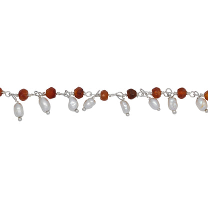 Chain by Foot. Brass Silver Plated 3.44mm Width by 2.80mm Length Natural Hand Cut Carnelian Stone, With One of 3.10mm Width by 3.85mm Length Rice Pearl Hanging off the Chain, Gem Stone Chain. Price per: 1 Inch.