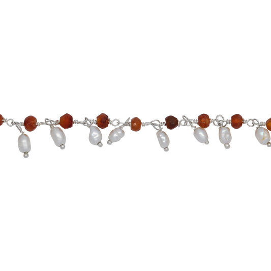 Chain by Foot. Brass Silver Plated 3.44mm Width by 2.80mm Length Natural Hand Cut Carnelian Stone, With One of 3.10mm Width by 3.85mm Length Rice Pearl Hanging off the Chain, Gem Stone Chain. Price per: 1 Inch.