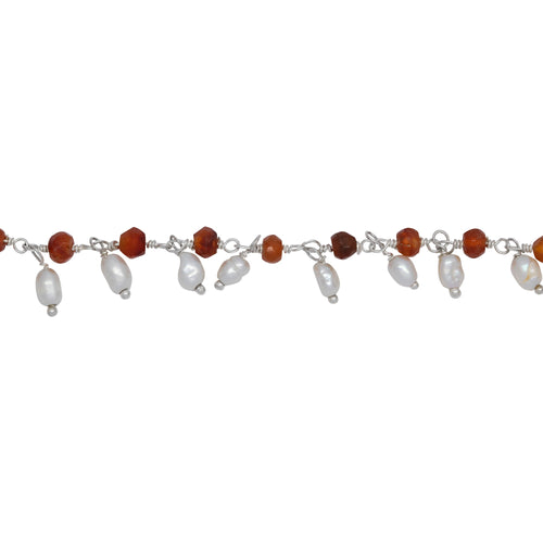 Chain by Foot. Brass Silver Plated 3.44mm Width by 2.80mm Length Natural Hand Cut Carnelian Stone, With One of 3.10mm Width by 3.85mm Length Rice Pearl Hanging off the Chain, Gem Stone Chain. Price per: 1 Inch.