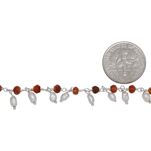 Brass Silver Plated 3.44mm Width by 2.80mm Length Natural Hand Cut Carnelian Stone, With One of 3.10mm Width by 3.85mm Length Rice Pearl Hanging off the Chain, Gem Stone Chain. Price per: 1 Inch.