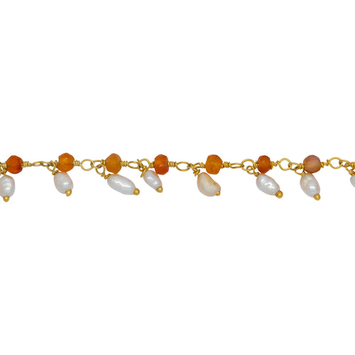 Chain by Foot. Brass Gold Plated 3.44mm Width by 2.80mm Length Natural Hand Cut Carnelian Stone, With One of 3.10mm Width by 3.85mm Length Rice Pearl Hanging off the Chain, Gem Stone Chain. Price per: 1 Inch.