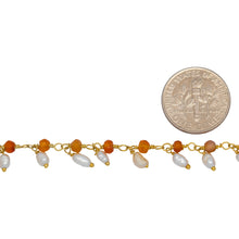 Load image into Gallery viewer, Brass Gold Plated 3.44mm Width by 2.80mm Length Natural Hand Cut Carnelian Stone, With One of 3.10mm Width by 3.85mm Length Rice Pearl Hanging off the Chain, Gem Stone Chain. Price per: 1 Inch.
