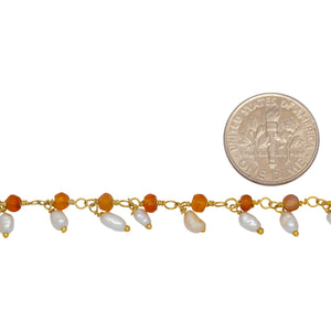 Brass Gold Plated 3.44mm Width by 2.80mm Length Natural Hand Cut Carnelian Stone, With One of 3.10mm Width by 3.85mm Length Rice Pearl Hanging off the Chain, Gem Stone Chain. Price per: 1 Inch.