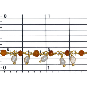 Brass Gold Plated 3.44mm Width by 2.80mm Length Natural Hand Cut Carnelian Stone, With One of 3.10mm Width by 3.85mm Length Rice Pearl Hanging off the Chain, Gem Stone Chain. Price per: 1 Inch.