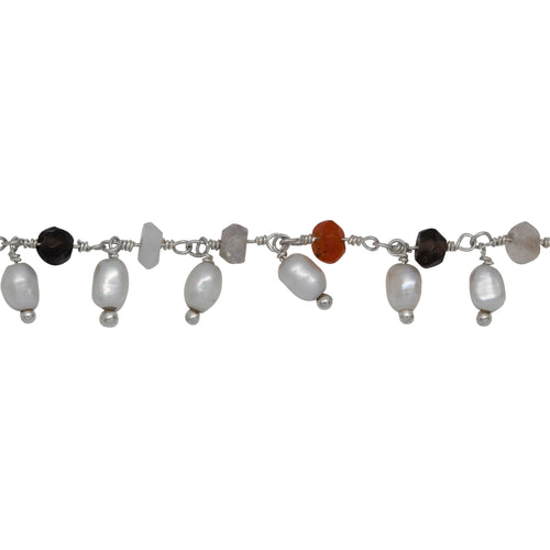 Chain by Foot. Brass Silver Plated 3.44mm Width by 2.80mm Length Natural Hand Cut Multicolor Stone, With One of 3.10mm Width by 3.85mm Length Rice Pearl Hanging off the Chain, Gem Stone Chain. Price per: 1 Inch.